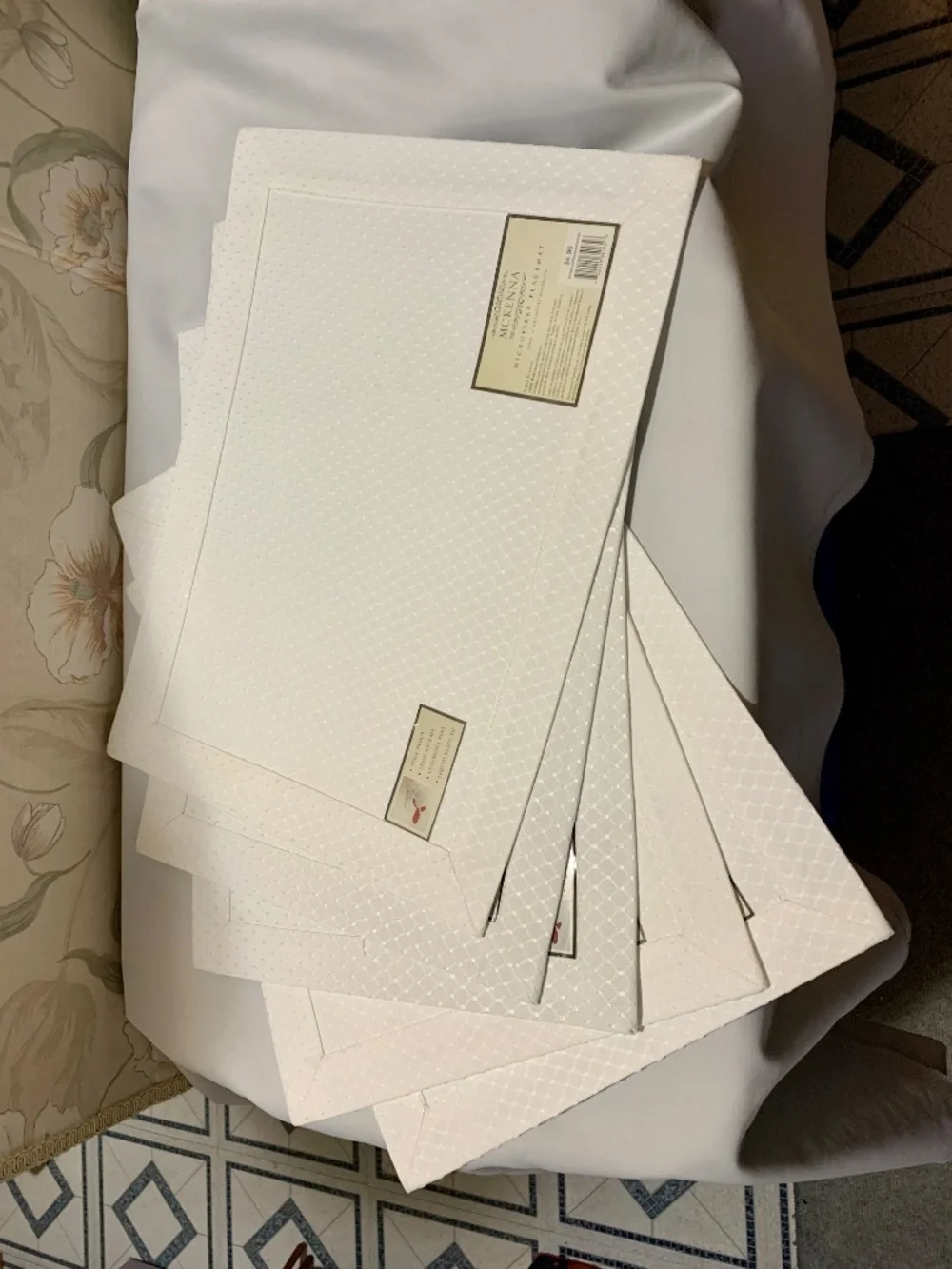 Five (5) McKenna White Microfiber Placemats Spill Proof, Stain Release - 13